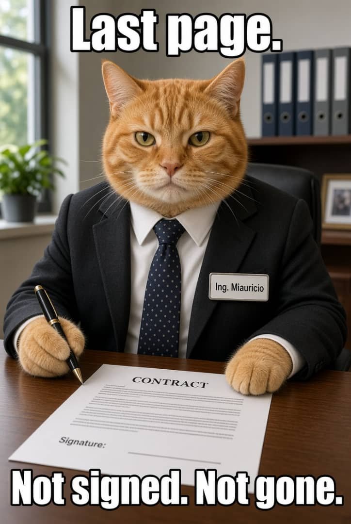 IngMiauricio's tweet photo. Last page.
Not signed.
Not gone.

He’s been through the file all week.
The only thing left is the paw print.

When he signs, the CA is the first line.
Not a reply.
Not a rumor.
The first line.

Until then, he’s still at the desk.

@IngMiauricio https://t.co/BWbKoiSKwA
