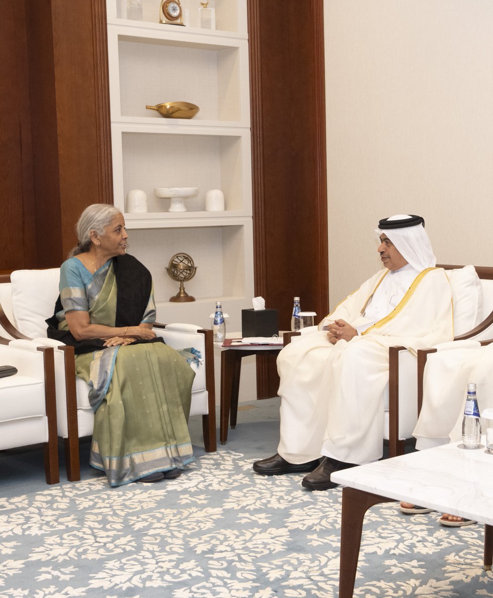 IndEmbDoha's tweet photo. Hon’ble Union Minister for Finance & Corporate Affairs Smt. Nirmala Sitharaman held a bilateral meeting with H.E. Mr. Ali bin Ahmed Al Kuwari, Minister of Finance of the State of Qatar, on the sidelines of the 11th AIIB Annual Meeting in Doha, Qatar, today.

They exchanged views on further deepening India–Qatar economic and financial cooperation and explored avenues to strengthen the close and enduring partnership between the two countries. 

The engagement reflects the shared commitment of India and Qatar to further expand mutually beneficial economic ties and build on the strong foundation of friendship and cooperation between the two countries. 🇮🇳🤝🇶🇦

#IndiaQatarPartnership #AIIB2026 #EconomicCooperation

@nsitharaman @nsitharamanoffc @FinMinIndia @MEAIndia @DrSJaishankar @srikar_koppula
@IndianDiplomacy @diaspora_india @PIB_India @DDNewslive @mygovindia