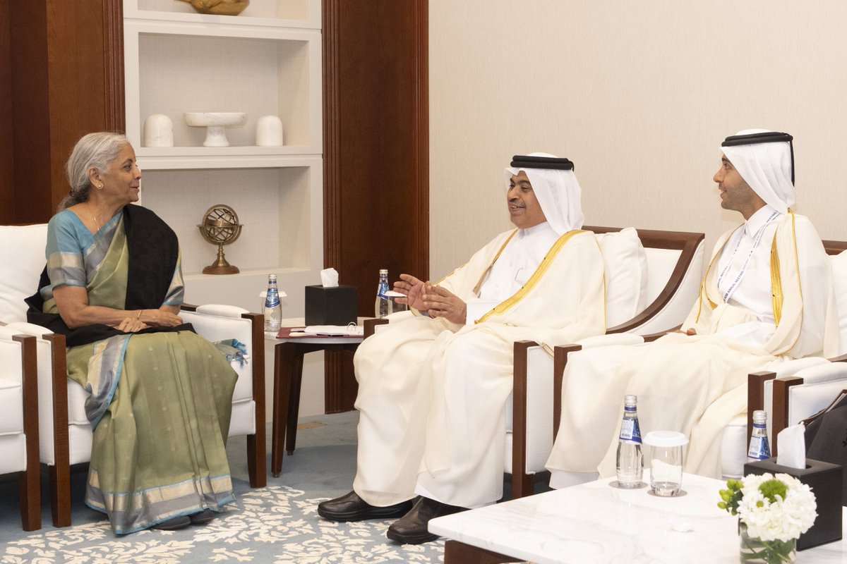 IndEmbDoha's tweet photo. Hon’ble Union Minister for Finance & Corporate Affairs Smt. Nirmala Sitharaman held a bilateral meeting with H.E. Mr. Ali bin Ahmed Al Kuwari, Minister of Finance of the State of Qatar, on the sidelines of the 11th AIIB Annual Meeting in Doha, Qatar, today.

They exchanged views on further deepening India–Qatar economic and financial cooperation and explored avenues to strengthen the close and enduring partnership between the two countries. 

The engagement reflects the shared commitment of India and Qatar to further expand mutually beneficial economic ties and build on the strong foundation of friendship and cooperation between the two countries. 🇮🇳🤝🇶🇦

#IndiaQatarPartnership #AIIB2026 #EconomicCooperation

@nsitharaman @nsitharamanoffc @FinMinIndia @MEAIndia @DrSJaishankar @srikar_koppula
@IndianDiplomacy @diaspora_india @PIB_India @DDNewslive @mygovindia