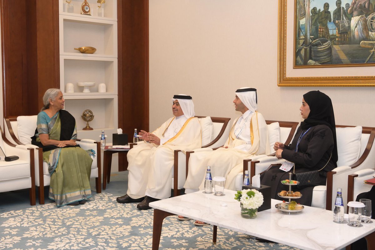 IndEmbDoha's tweet photo. Hon’ble Union Minister for Finance & Corporate Affairs Smt. Nirmala Sitharaman held a bilateral meeting with H.E. Mr. Ali bin Ahmed Al Kuwari, Minister of Finance of the State of Qatar, on the sidelines of the 11th AIIB Annual Meeting in Doha, Qatar, today.

They exchanged views on further deepening India–Qatar economic and financial cooperation and explored avenues to strengthen the close and enduring partnership between the two countries. 

The engagement reflects the shared commitment of India and Qatar to further expand mutually beneficial economic ties and build on the strong foundation of friendship and cooperation between the two countries. 🇮🇳🤝🇶🇦

#IndiaQatarPartnership #AIIB2026 #EconomicCooperation

@nsitharaman @nsitharamanoffc @FinMinIndia @MEAIndia @DrSJaishankar @srikar_koppula
@IndianDiplomacy @diaspora_india @PIB_India @DDNewslive @mygovindia