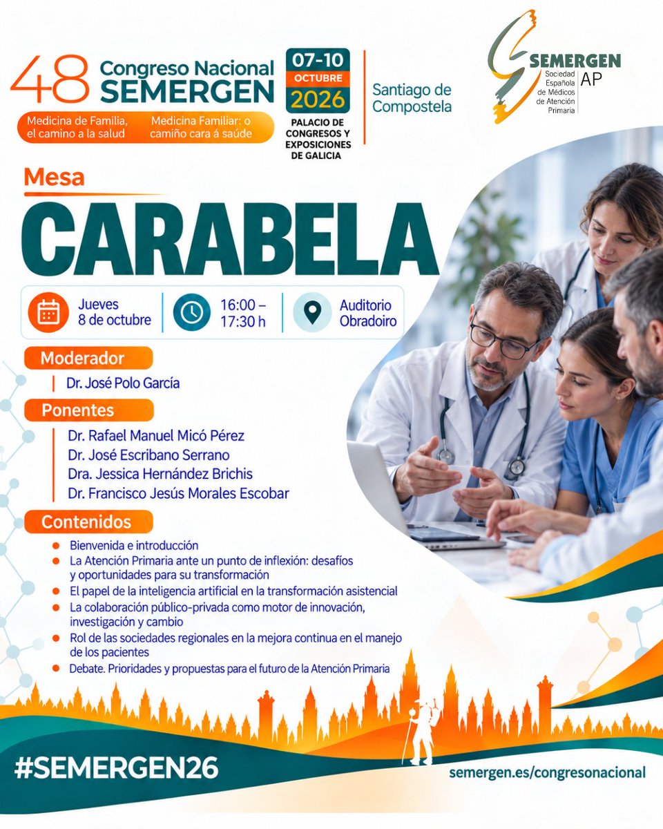 SEMERGENap's tweet photo. #SEMERGEN26 ⛵ Mesa CARABELA | 
Un espacio para analizar los retos y oportunidades de transformación de la #AtenciónPrimaria: IA, innovación, colaboración y propuestas de futuro.
📅 Jueves 8 octubre 🕓 16:00–17:30 h📍 Auditorio Obradoiro

#MedicinaDeFamilia #SEMERGEN #CarabelaAP @rafamanuEl68