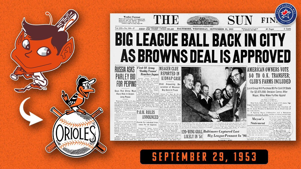 sportslogosnet's tweet photo. Happy birthday, Orioles! On this day in 1953, the AL approved the Browns' move to Baltimore. The 'Orioles' name comes from the city's pro ball clubs and Maryland's state bird. 

What's your favourite O's logo? Full logo history: https://t.co/JuJi8FgyNQ https://t.co/J0hpm87M0V