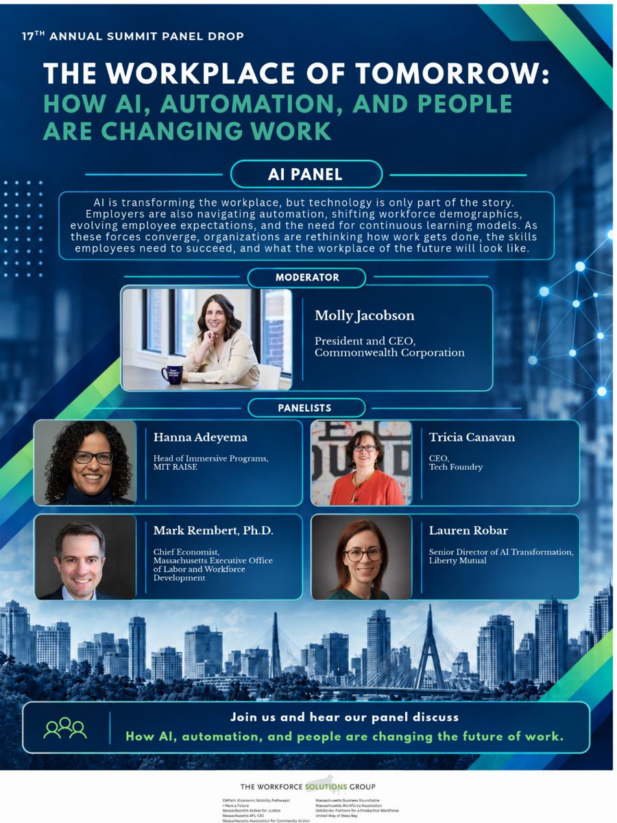 CommCorp_MA's tweet photo. Commonwealth Corporation President and CEO Molly Jacobson will bring that workforce perspective to The Workplace of Tomorrow panel at the 17th Annual Massachusetts Jobs and Workforce Summit.

Join us Thursday at Northern Essex Community College. 
🔗  https://t.co/LNpNPl3Czl https://t.co/CaHqpmUz8t