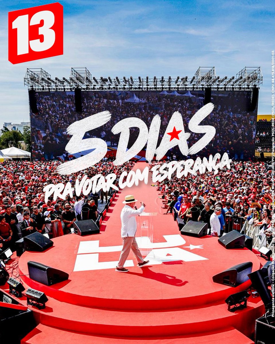 LulaOficial's tweet photo. A esperança que nos trouxe até aqui vai levar o Brasil ainda mais longe.

Dia 4 é 13! 🇧🇷 https://t.co/qL5nDYBvUv