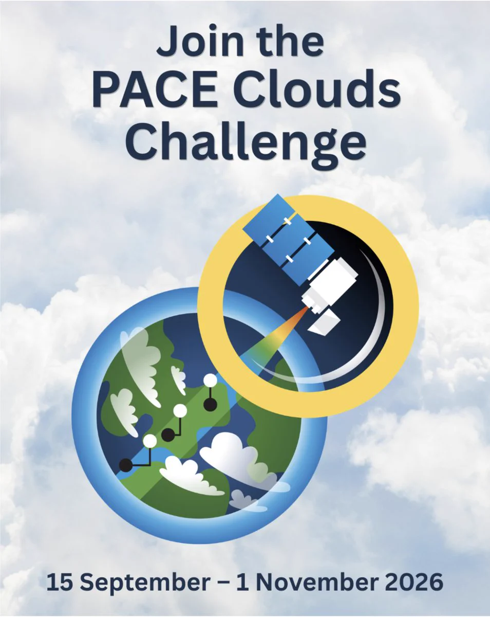 Combined logo showing the PACE satellite, clouds, and vegetation with yellow and blue circles. There is also black text of varying sizes.