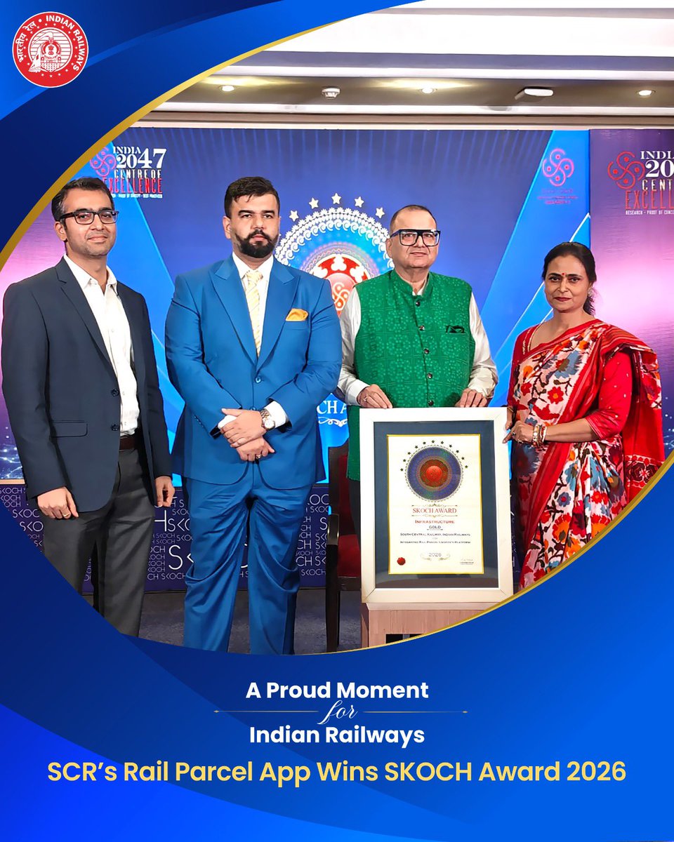 RailMinIndia's tweet photo. SCR’s Rail Parcel App wins the prestigious SKOCH Award 2026 for making parcel services smarter, simpler and more convenient. 
#SKOCHAward https://t.co/rrW7APbG6m