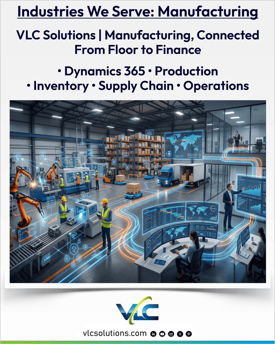 vlcsolutions's tweet photo. VLC integrates manufacturing functions using Microsoft Dynamics 365, enhancing visibility and enabling smarter decisions, ensuring all operations stay connected from the shop floor to management.
https://t.co/UTCKdh1ezU
#IndustriesWeServe #Manufacturing #MicrosoftDynamics365 https://t.co/1bwTZJk4fl