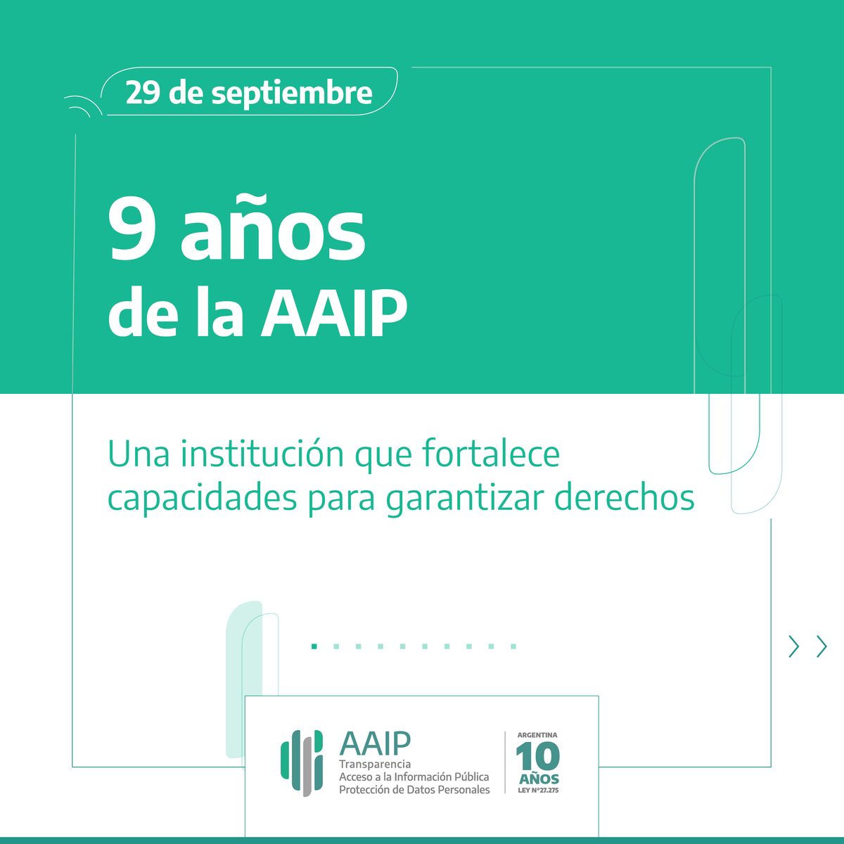 AAIPargentina's tweet photo. Cumplimos nueve años desarrollando capacidades, herramientas y políticas públicas para garantizar derechos y responder a nuevos desafíos.
#Transparencia #AccesoALaInformación #ProtecciónDeDatosPersonales https://t.co/Xbt5LRdJZe