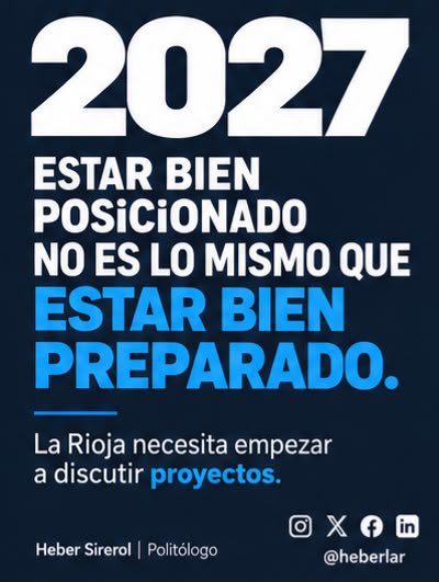 heberlar's tweet photo. El PJ ordenó el partido y la oposición empezó a moverse. 

Pero la pregunta importante sigue abierta:

¿Quién gobernará La Rioja en 2027?
¿Cómo será elegido? ¿Cuándo se votará? 
Y, sobre todo, ¿Que plan tienen para La Rioja?

Podemos pasar meses hablando de nombres, estructuras, internas y posicionamientos.

Pero mientras la política discute candidatos, la sociedad discute otra cosa:

Bolsillo.
Empleo.
Producción.
Minería.
Relación con Nación.
Y qué provincia queremos construir.

Mi nueva columna 👇

https://t.co/lEsy9LfAqQ
