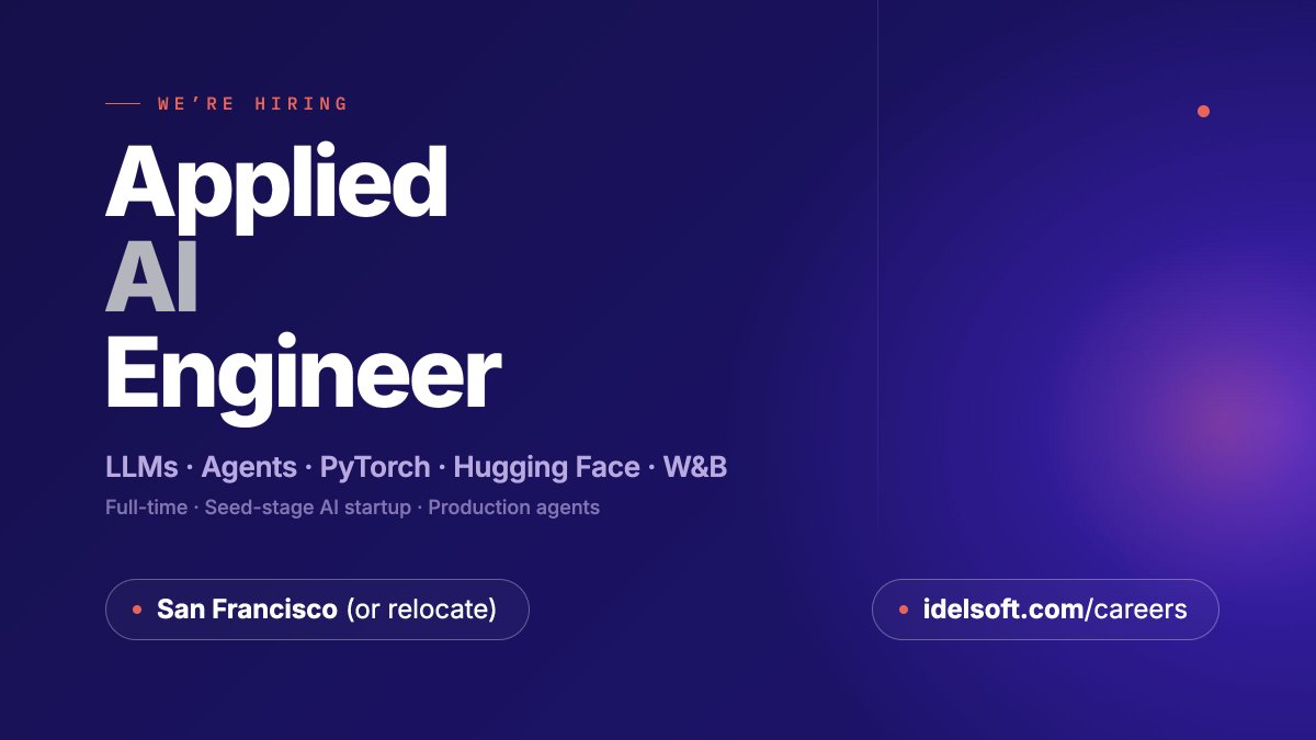 idelsoft's tweet photo. We're hiring an Applied AI Engineer 🚀

Stealth, seed-stage AI startup. Build production agents for global enterprises.

🛠️ LLMs, agents, PyTorch &amp; Hugging Face
📍 San Francisco, or willing to relocate

👉 Apply: https://t.co/3HEOMBRZfj https://t.co/CtJrWQPITp