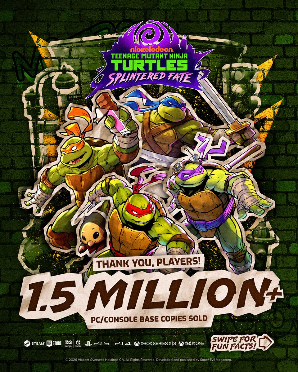 superevilmegaco's tweet photo. 1.5 MILLION THANK-YOUS! 🐢 #TMNTSplinteredFate continues to grow after our latest free update, and we have even more coming up!

In the meantime, let's celebrate this big milestone with some goodness:

🎬 New Behind the Scenes video on the Rat King reveal
📺 Extended Narrative & Voice Talent videos
🎁 Free wallpapers for your phone & desktop
🍕 Fun facts about the game

Check them out! https://t.co/sRuJW8UjAh