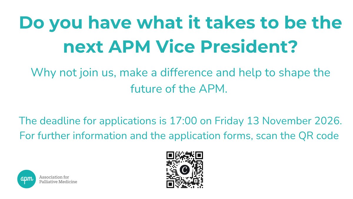 APMPostTweets's tweet photo. 📢 Expressions of Interest are now open for the role of Vice President of the APM.
This is an exciting opportunity to help shape the future of palliative medicine, support members, and contribute to the continued growth of our specialty.
🗓️Deadline: 16 November 
⬇️ Find out more https://t.co/Psk2V45y7I
