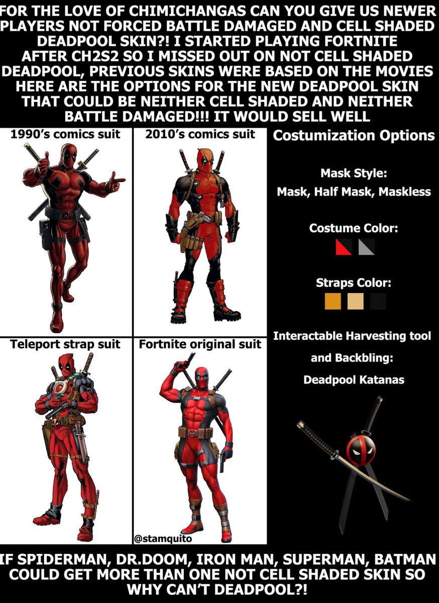 Bullseye_999's tweet photo. @ShiinaBR Everyone is getting their dream collabs so why for the love of chimichnagas @Fortnite @Marvel @Deadpool can't we get this?! 😐🌯🤷 New players who missed out on not cell shaded Deadpool deserve a good alternative skin 🤫 https://t.co/65Nrtd3k5t