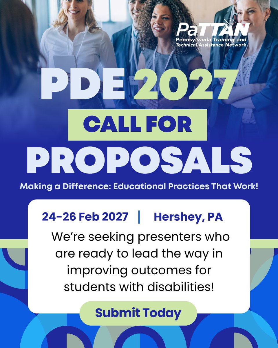 pattanupdates's tweet photo. 📢 1 MORE DAY TO SUBMIT YOUR PROPOSALS!

Got strategies on leadership, innovation, AI, &amp; evidence-based practices for students with disabilities? Come speak at #PDE2027!

📅 Feb 24–26, 2027
🚩 Deadline: Sept 30
🔗https://t.co/Si2fW26Nf6

Lead the way in #MakingADifferenceInPA 🌟 https://t.co/sSe2HViudR