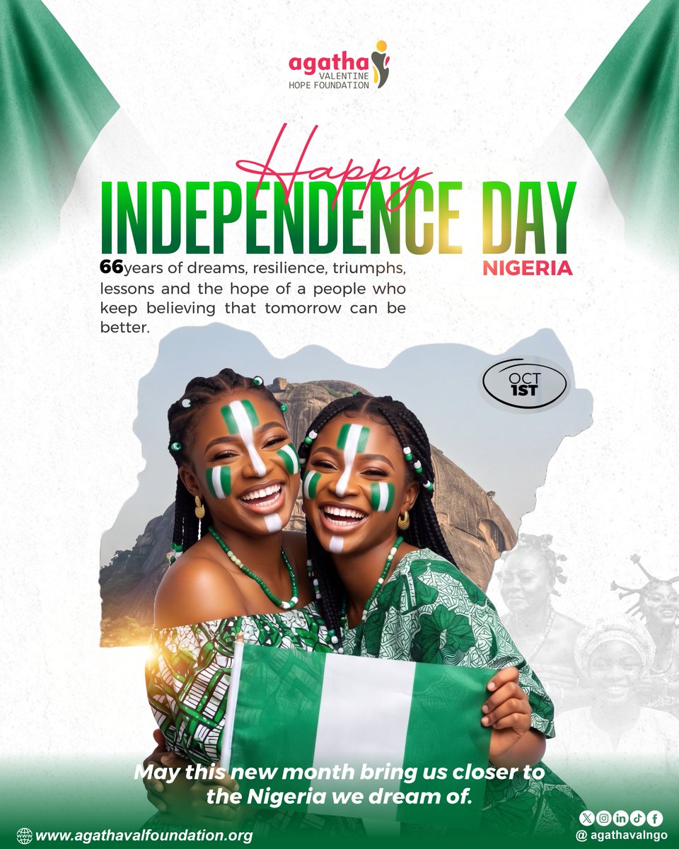 agathavalngo's tweet photo. Happy Independence Day, Nigeria. 💚

66 years of dreams, resilience, triumphs, lessons, challenges, and hope.

Through it all, we continue to believe in the possibility of a better Nigeria.

Happy 66th Independence Day, Nigeria. 🇳🇬

#avhf #independenceday #naijaat66 https://t.co/pXwEFyyQN7