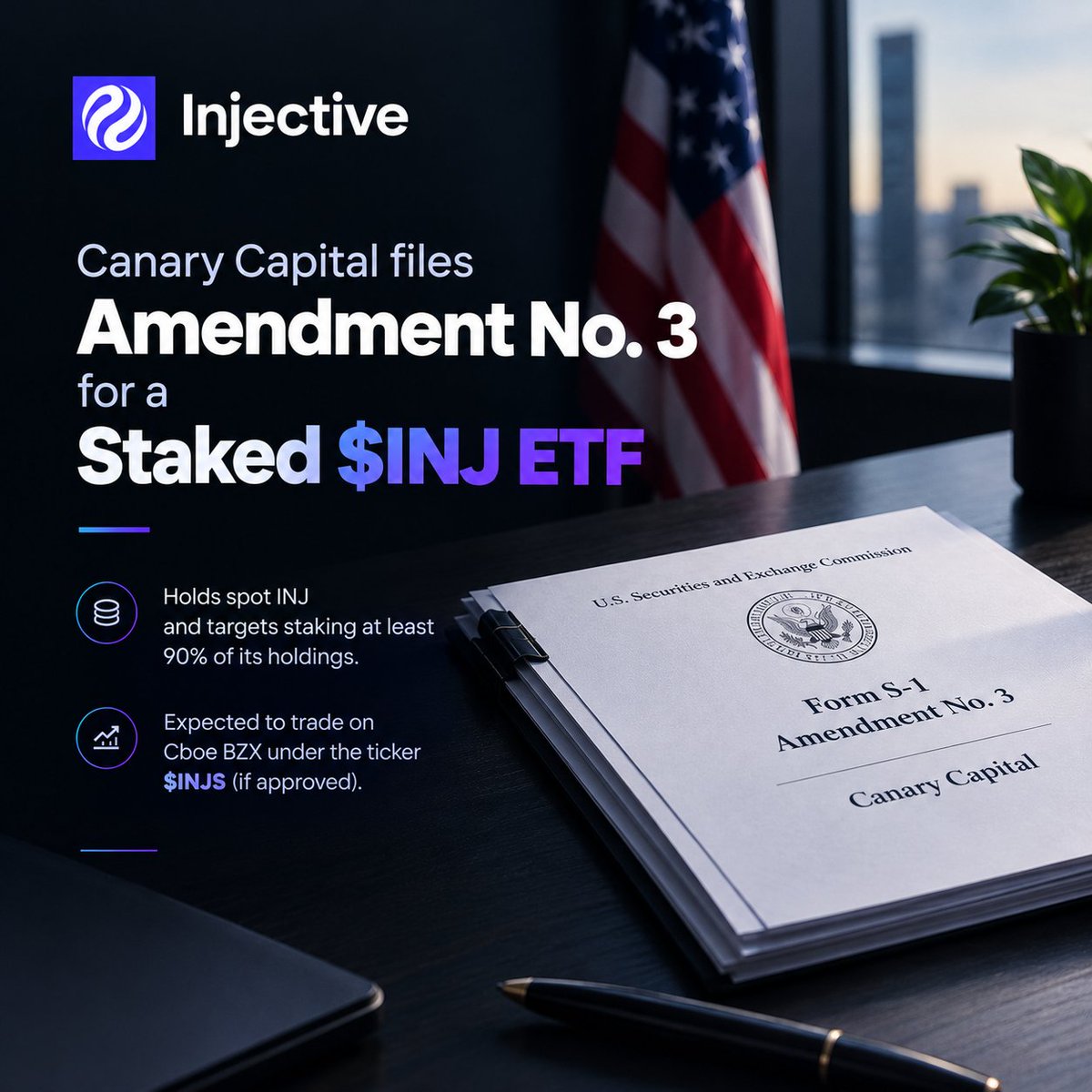 AzeezToheeobil's tweet photo. Canary Capital just filed Amendment No. 3 for its proposed Staked $INJ ETF with the SEC. 🥷

The structure is getting more interesting.
The ETF would hold spot INJ and, under normal circumstances, target staking at least 90% of its INJ holdings to earn staking rewards.

If approved, the fund is expected to trade on Cboe BZX under the ticker $INJS.

What stands out to me is that this isn't just about giving U.S. investors exposure to INJ.

The structure also brings Injective's native staking economics into a regulated investment product.

Another step forward for $INJ and its path into traditional markets.
$INJ 🥷