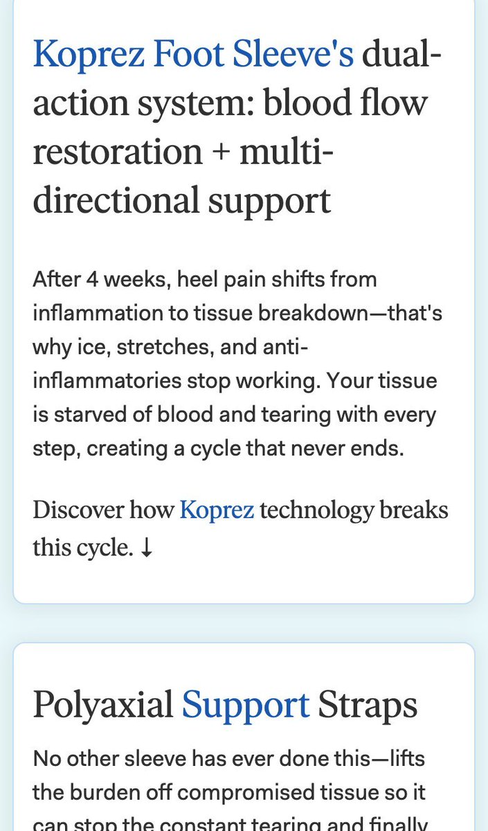 vilobatirkedis's tweet photo. Koprez tells people with heel pain that their condition changed at week 4

- Advertorial https://t.co/E35enAgzms
- Listicle https://t.co/4e7Z9Ysc1J
- Product page https://t.co/eMIX59cvbm

The whole funnel runs on one idea

For the first 4 weeks heel pain is inflammation

After that it becomes a different problem

That one line turns everything the reader already tried into proof

Ice and stretching helped at first and then stopped

Most people read that as "nothing works for me"

Here it becomes evidence that the problem moved on and the old fixes stayed behind

What I like most is that the page agrees the old fixes worked, for the first 4 weeks

He doesn't have to admit he wasted money on them

Then a 3-question self-check lets him put himself in phase 2

"Did ice stop giving you relief, when it used to help?"

Anyone clicking a heel pain ad after months of pain answers yes

He has diagnosed himself

Every other fix now belongs to a phase he's already past

The listicle and the product page repeat the same phase line from the top

If your buyer has had the problem for a while:

- Split it into an early phase and a late phase
- Let the old fixes win the early one
- Write a self-check that puts him in the late phase
- Sell yours as the fix for the late phase