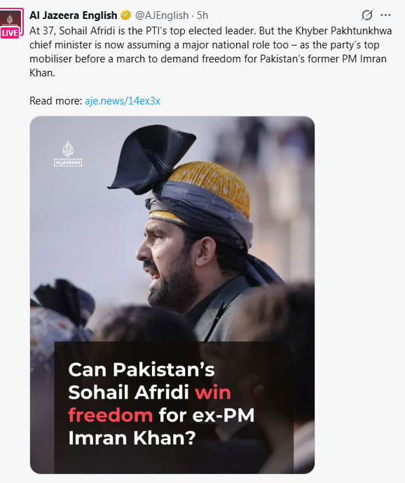 SabeeKazmi786's tweet photo. تحریک انصاف کا یہ 37 سالہ نوجوان جو عمران خان کی رہائی کی مہم کو لیڈ کررہا ہے عمران خان کے ٹاپ الیکٹڈ عوامی لیڈر کے طور پر یہ
 اس وقت پاکستان کا صف اول کا لیڈر بن چکا ہے، 
الجزیرہ۔۔
جو خان کے نظریے پر کھڑا ہوگا اسے عزت شہرت عوام خود دے رہی ہے https://t.co/K1wEYbfHzF