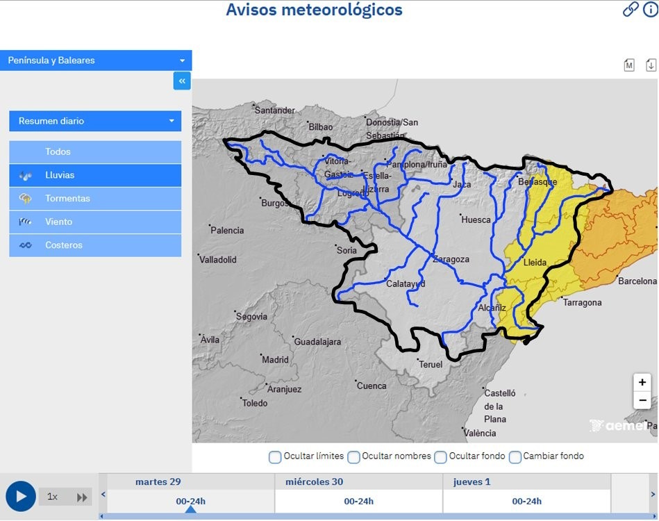 CH_Ebro's tweet photo. Con avisos 🟡 @AEMET_Cat @AEMET_Esp por riesgo de lluvia intensa, se recuerda la posibilidad de crecidas súbitas en cauces menores y barrancos de las provincias de Lleida y Tarragona, 29/09 @emergenciescat @SubGobLleida @SubGobTARR 
https://t.co/nXK7qZZ398 https://t.co/fGLzCzUVSc