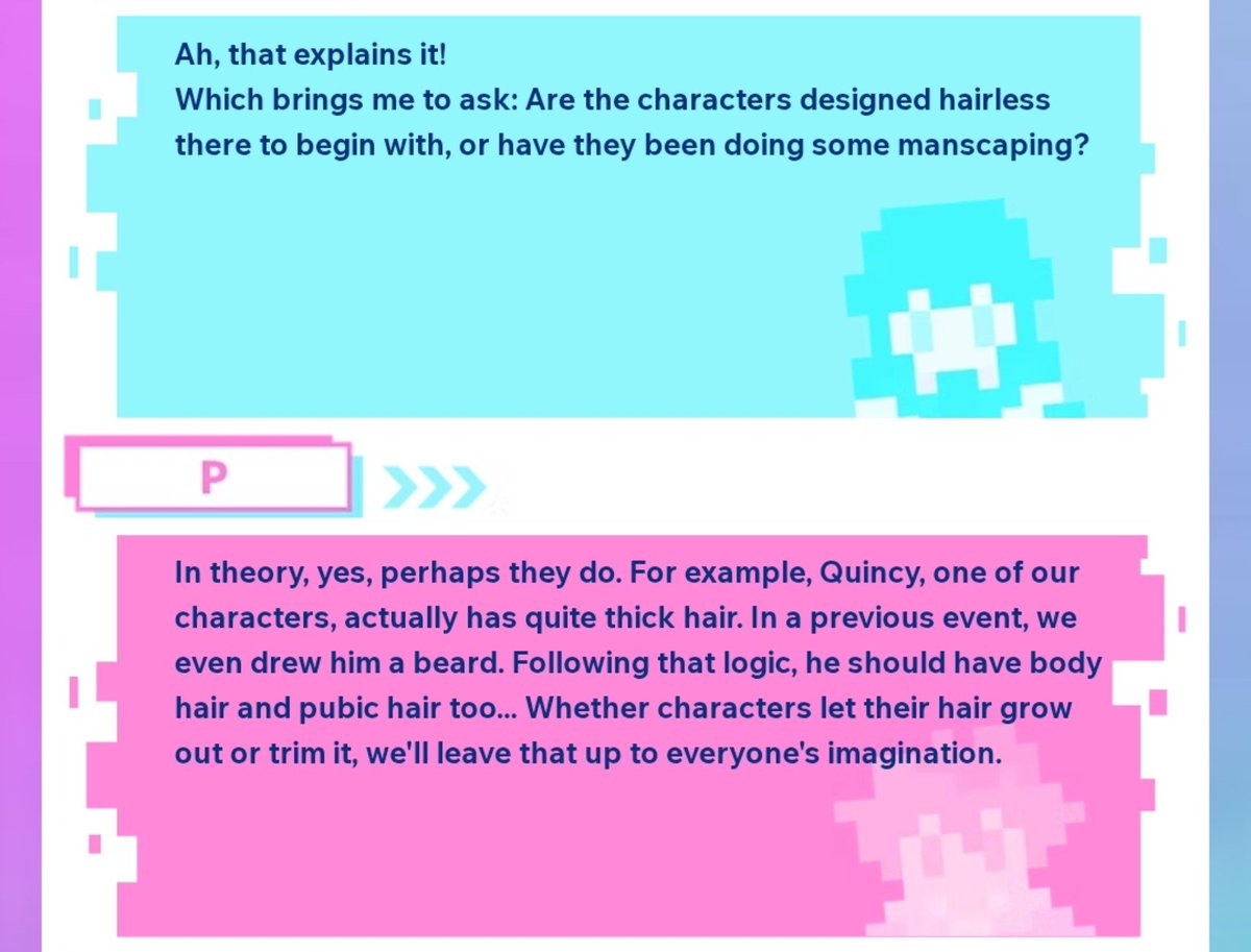 marstrekoziy's tweet photo. Haven't finished reading this interview yet but I cannot stop laughing that devs are just outright saying "yes quincy is a hairy fuck yes we know we're not drawing it we're sorry but please just imagine it". Devs dont worry, we will draw all the hairy Quincies ourselves 🫡 https://t.co/r2E4ni8RSR