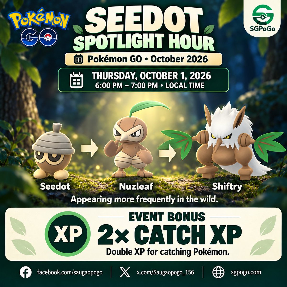 Saugaopogo_156's tweet photo. SEEDOT SPOTLIGHT HOUR 🌿
October 1, 2026 • 6–7 PM local time
More wild Seedot and 2× Catch XP! A quick hour to stock up on Candy and work toward your next level.
Are you joining the hunt?
Follow us for more Pokémon GO updates!
#PokemonGo #SGPoGo #SpotlightHour https://t.co/FvGMujgwYE