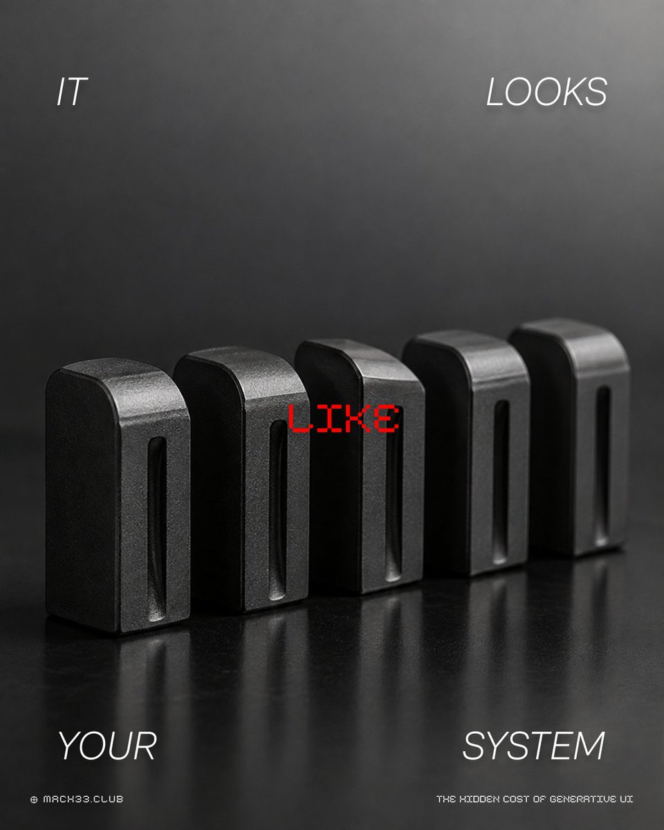 mach33studio's tweet photo. Every generative UI demo renders perfectly, because a demo only has to work once. 

What doesn't get shown is the engineering standing between a model's output and a live user, and on a real product that turns out to be most of the build. 
#UX #DesignThinking https://t.co/gNKjnWfVdo