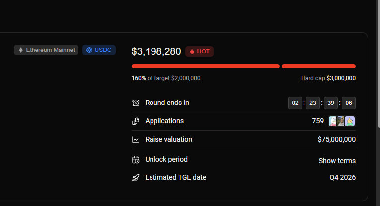 Airdropzon1's tweet photo. 🚀 @jumperapp  Sale is going crazy!
Just 20 minutes in and the sale has already crossed $2.97M+ 🔥
🎯 Target: $2M

🔗Sale: https://t.co/HZVDz88q0m

💰 Raised: $2,977,522

📈 149% of target

👥 668 applications
Only ~$22K left to hit the $3M Hard Cap! 👀
The hype is REAL. 🚀🔥 https://t.co/KInJjsCN06