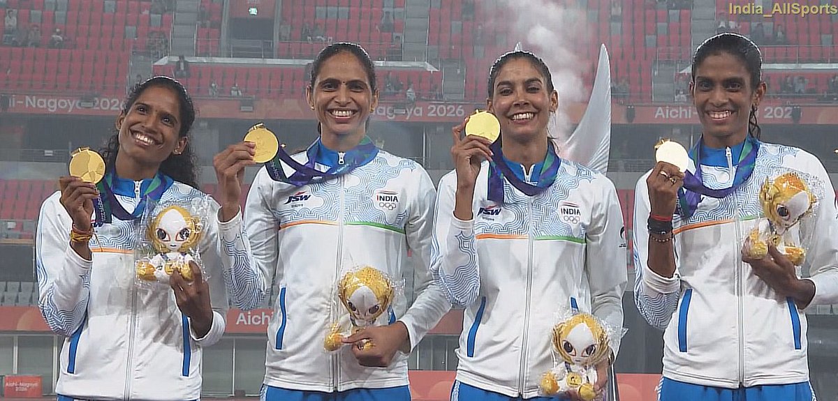 India_AllSports's tweet photo. Our girls on the victory podium after winning GOLD medal in Women's 4x400m Relay ♥️ 

Vithya | Kiran | Prachi | Poovamma 

#AG2026withIAS #AichiNagoya2026