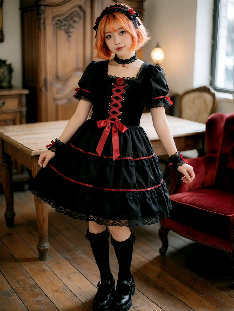 uta_nekosui's tweet photo. #唄の衣装部屋 No.011 できたよぉ🧵
「ブラックローズ・ゴシックドレス」

黒をベルベットとタフタとレースの三種類で重ねて、赤は五か所だけって決めて作ったの。後ろの大きなリボンがいちばんの見せ場なんだぁ。

まひるちゃん @mahiru_dayon に着てもらったら、いつもと別人みたいでびっくりした…！

プロンプトはリプに置いておくよ👇（コピペOK）

#衣装プロンプト #プロンプト公開 #AIイラスト #AIart #AIフォトアイドル