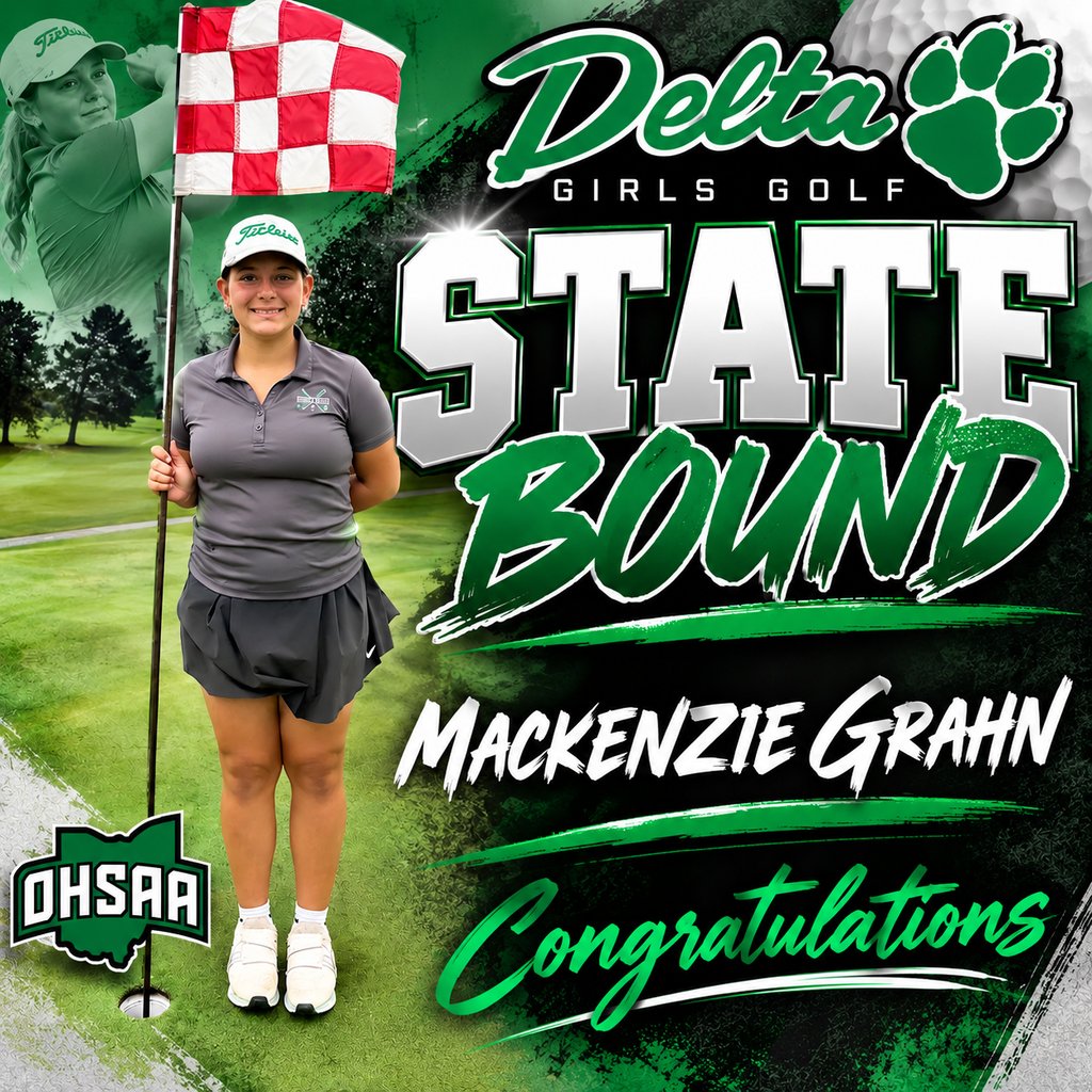 DeltaAthletics's tweet photo. ⛳️💚 HISTORY MADE! 💚⛳️

Congratulations to Mackenzie Grahn on making Delta Girls Golf history! 🏌️‍♀️

Mackenzie becomes the FIRST GIRLS GOLF TEAM MEMBER in Delta history to qualify for the OHSAA State Golf Tournament! 🏆

Congratulations, Mackenzie! We are so proud of you! https://t.co/6CasVV3Yfh