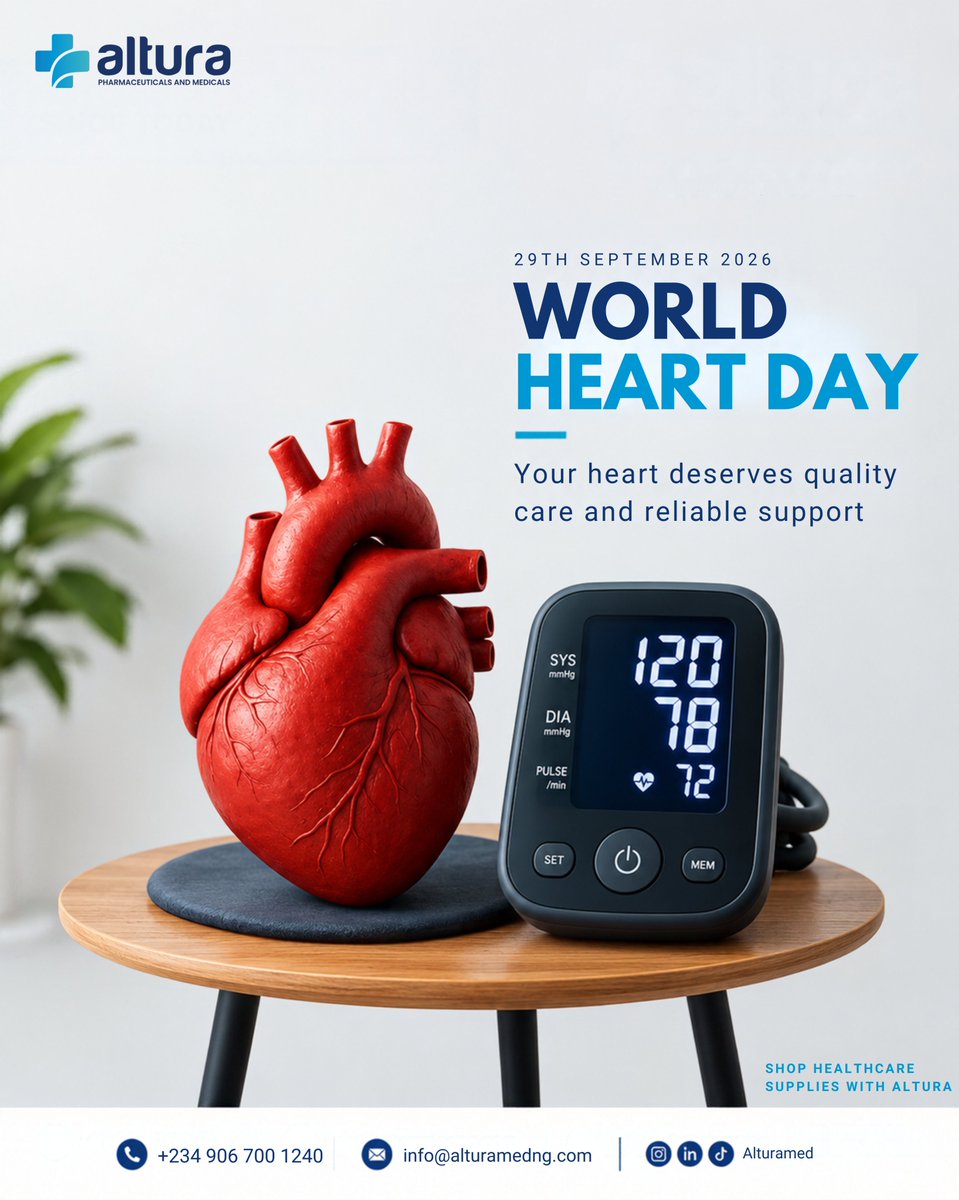 Alturamed's tweet photo. When last did you check your blood pressure?  It's World Heart Day, and your heart deserves quality care and reliable support. Know your numbers, look after your heart, and shop trusted healthcare supplies with Altura. 💙

📞 +234 906 700 1240

📩 info@alturamedng.com https://t.co/ONoDfDrVZ5