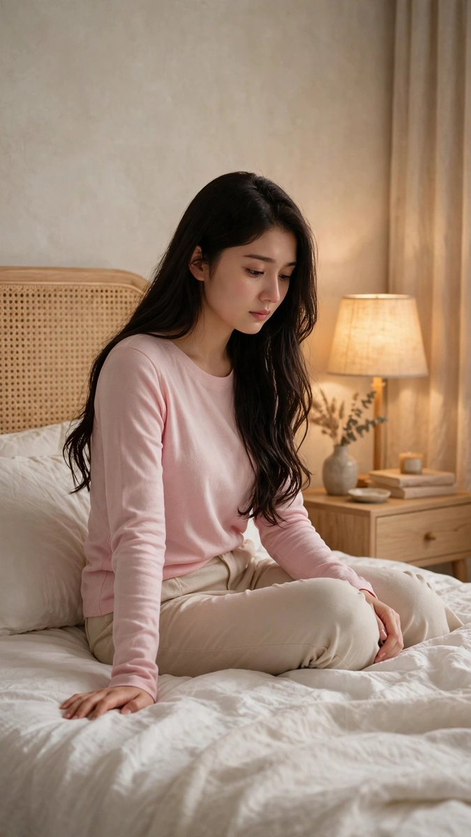 Minahil42298354's tweet photo. Finding peace in the quiet. 

Prompt:          A candid photograph captures a young East Asian woman sitting on a bed, looking down with a contemplative and slightly sorrowful expression. She is dressed in a light pink long-sleeved t-shirt and beige pants. Her dark, wavy hair falls around her shoulders. She is seated on a white duvet, with her legs tucked and a hand resting on the mattress near her knee. The background is a warm, cozy bedroom with a rattan headboard and textured off-white wall. On the wooden nightstand to her right, there is a lamp with a fabric shade casting a soft light, a vase with dried flowers, books, and a small object. She is looking off-camera toward the lamp and the side table. The lighting is soft and warm, creating an intimate and reflective atmosphere. The depth of field is shallow, focusing sharply on the woman, while the background is slightly blurred. The shot is vertical.