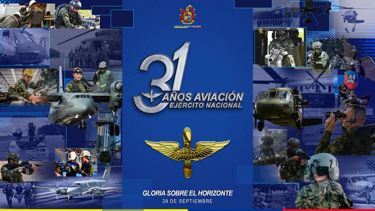 Ejercito_Davaa's tweet photo. 31 años de historia, servicio y honor surcando los cielos de Colombia

Desde las alturas, donde el horizonte se convierte en camino, vuelan hombres y mujeres que han hecho de la Aviación del @COL_EJERCITO un arma al servicio de la Patria.

Hoy, bajo la protección de San Miguel Arcángel, su patrono, exaltamos su vocación, sacrificio y entrega: tripulaciones, técnicos, soldados y familias que, con sus alas, han llevado esperanza, seguridad y vida hasta los lugares más apartados de Colombia.

Más de tres décadas dejando huella en el cielo y sirviendo en tierra.

¡Gloria sobre el horizonte!

#31AñosAviaciónEjército
#PatriaHonorLealtad
