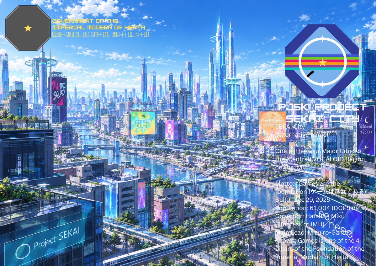 IMGgov2025's tweet photo. PJSK City
One of the Four Major Cities of the (Central) VOCALOID Region on the IMH.
Motto: “Games are the foundation (ゲームは基盤である)”
Known: Games is the one of the 4 pillars of the Foundation of the IMH.
#IMH #ImperialModernofHerta #PJSKCity #PJSK https://t.co/naciIQgLwW