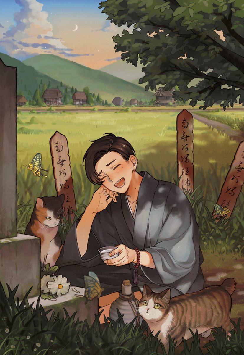 sanshiro_34's tweet photo. 墓前の一献

（この作品は「感情展」×pixiv 短歌からイラストを描くコンテストのテーマを利用し創作したものです。
https://t.co/5vmIgp1Xja） https://t.co/viKiURAT2d