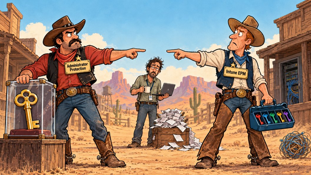 gullett_d's tweet photo. Two sheriffs. Different jobs. 🤠

Administrator Protection protects users who remain local admins. Intune EPM lets standard users elevate specific apps.

High Noon for Local Admin: where each fits and what to test.

https://t.co/AfAbAVRdl2

#Intune #ZeroTrust https://t.co/6QD3Qo8UVL