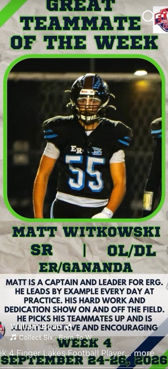 ERGFootball's tweet photo. Congrats to Matt Witkowski for being named the Week 4 Finger Lakes Teammate of the Week! @ERBombers @GHSAthletics1 https://t.co/1u21wBXcaB