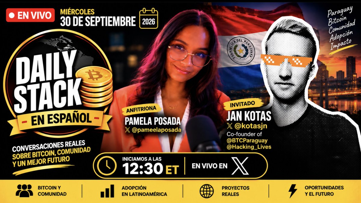 DailyStackES's tweet photo. Mañana tenemos una conversación que no te querrás perder. 🎙️

En Daily Stack en Español, @pameelaposada recibe a Jan Kotas (@kotasjn), cofundador de @BTCParaguay y @Hacking_Lives.

Hablaremos de los proyectos que están impulsando el ecosistema en Latinoamérica. 

Hasta mañana! https://t.co/FUpbnboyfK