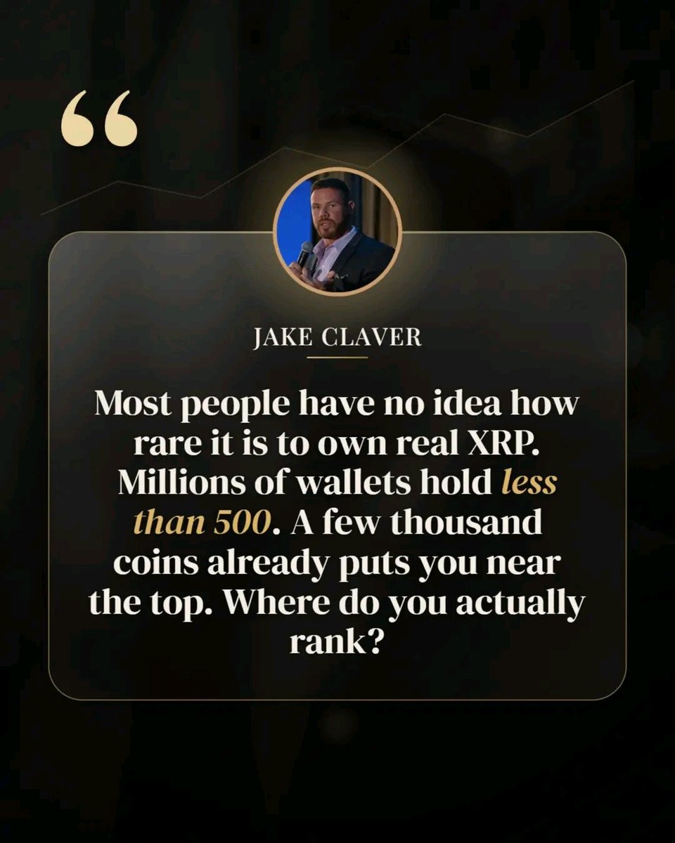 JakeClaverxrpQ's tweet photo. A lot of people have no idea how rare it is to actually own XRP. A large share of wallets hold only a few hundred, so even a few thousand coins can put you toward the top of the distribution. Owning the asset at all already makes you early. Roughly where do you think you rank? https://t.co/hf01XK6Vx3
