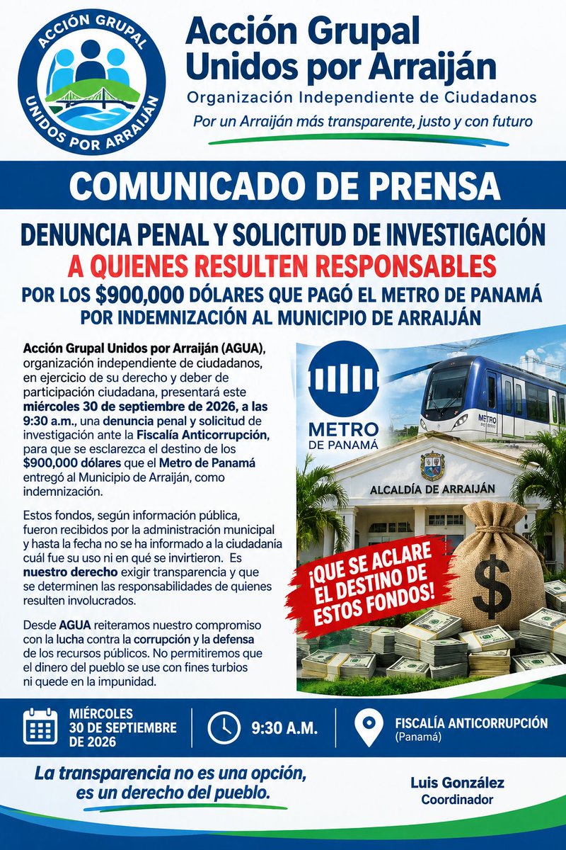 LuisTejeira9's tweet photo. #UltimaHora  Denuncia penal y solicitud de investigación por los $900,000 dólares que pago el @elmetrodepanama por indemnización al Municipio de Arraijan. https://t.co/hc0MbsPR1X