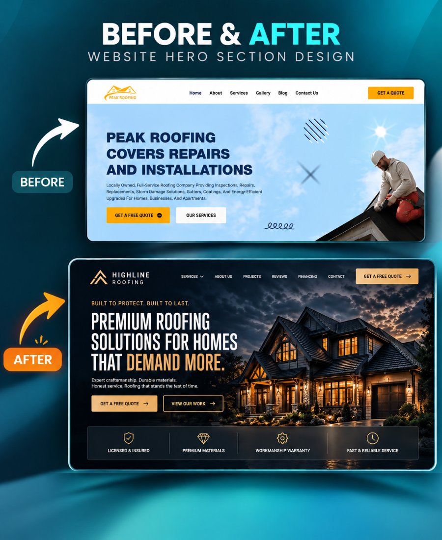 WisterLim_1's tweet photo. A website redesign isn't just about better visuals.

For this roofing concept, I focused on:

→ Stronger first impression
→ Clearer message
→ Better CTA
→ Trust-building elements
Same industry. Different experience.
BEFORE or AFTER?

#WebDesign #WebsiteRedesign https://t.co/s872u8H6ZA