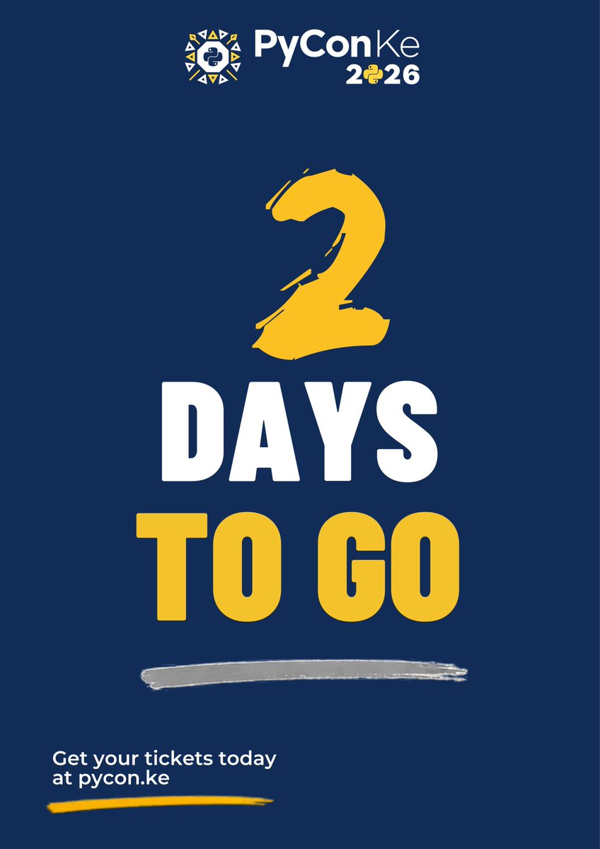 PyconKenya's tweet photo. 2 days to PyCon Kenya 2026! π
Got your ticket? See you in Nairobi, 2β3 October.
ποΈ Tickets: https://t.co/YvhMTH1AAZ
π Student: https://t.co/0OoDBdTNyf
#PyConKE2026 #PyConKenya #Python https://t.co/5Xy6ul24IY