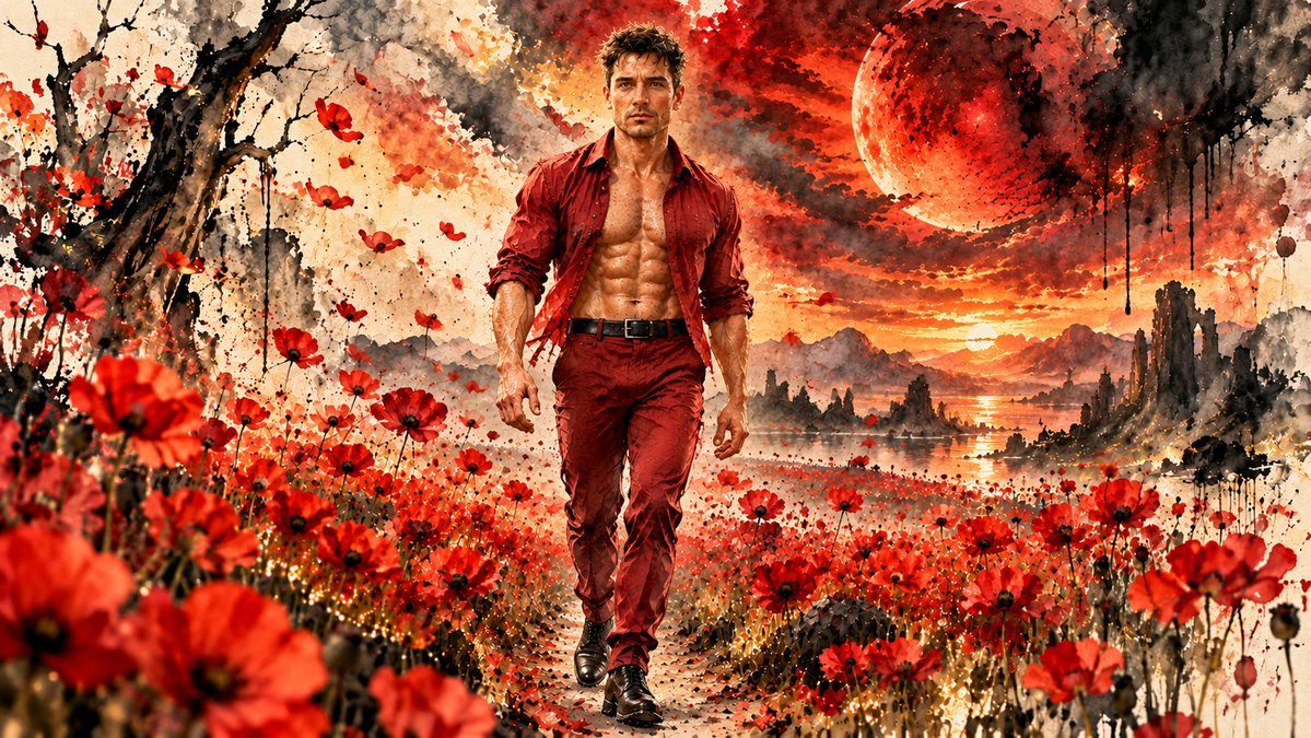 Splinter737's tweet photo. Splinter walks among the poppies, crimson petals swirling beneath a blood‑red sky. Each step burns with purpose, each breath defies the dying sun. A man painted in passion and dusk, striding through a world aflame.
#FantasyArt #EpicScene #SplinterSaga https://t.co/GJbsmv8nV5