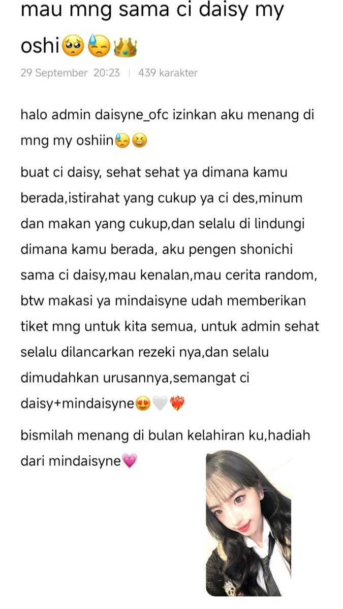 vriannlthd's tweet photo. @daisyne_ofc @Daisy_JKT48 semangat ci daisy my oshi 🥺🤍 https://t.co/iR3UzZw0Kc