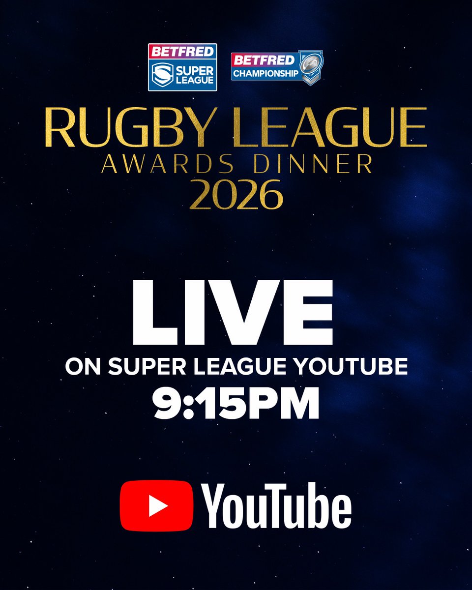 SuperLeague's tweet photo. Tonight, Rugby League's biggest stars come together for the @TheRFL Awards ⭐

Who will claim the top honours and earn the ultimate bragging rights? 😎

Watch live on #SuperLeague YouTube from 9:15pm - follow the link below 🏆 https://t.co/OPMVrT7JqU