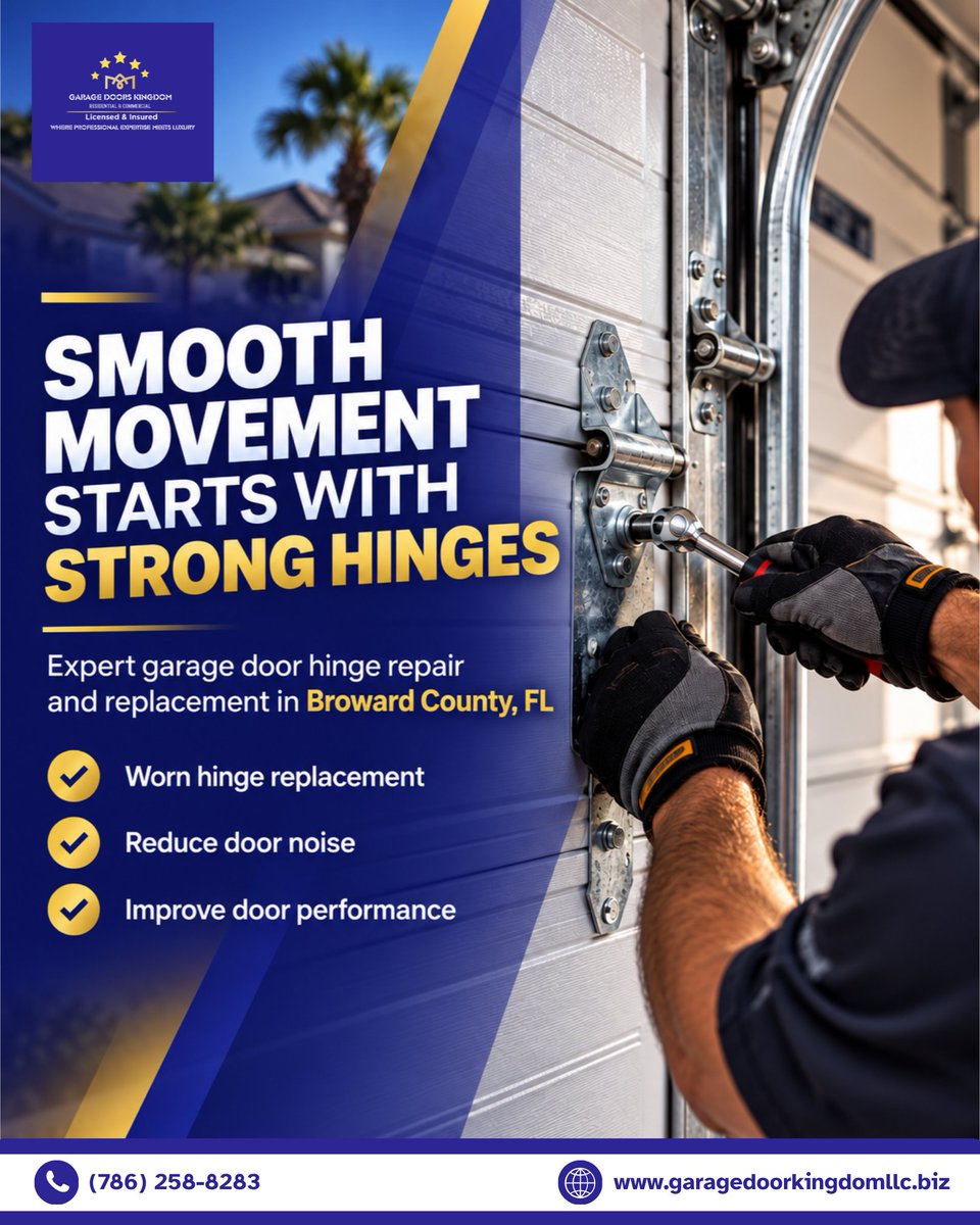 gdkingdomfl's tweet photo. Smooth Movement Starts With Strong Hinges!
Small garage door components make a big difference. Garage Door Kingdom provides professional hinge repair &amp; replacement services to improve door movement, reduce noise &amp; maintain performance.

Call: 786-258-8283!
https://t.co/whYU1OK9gH https://t.co/SNTAvTupRt