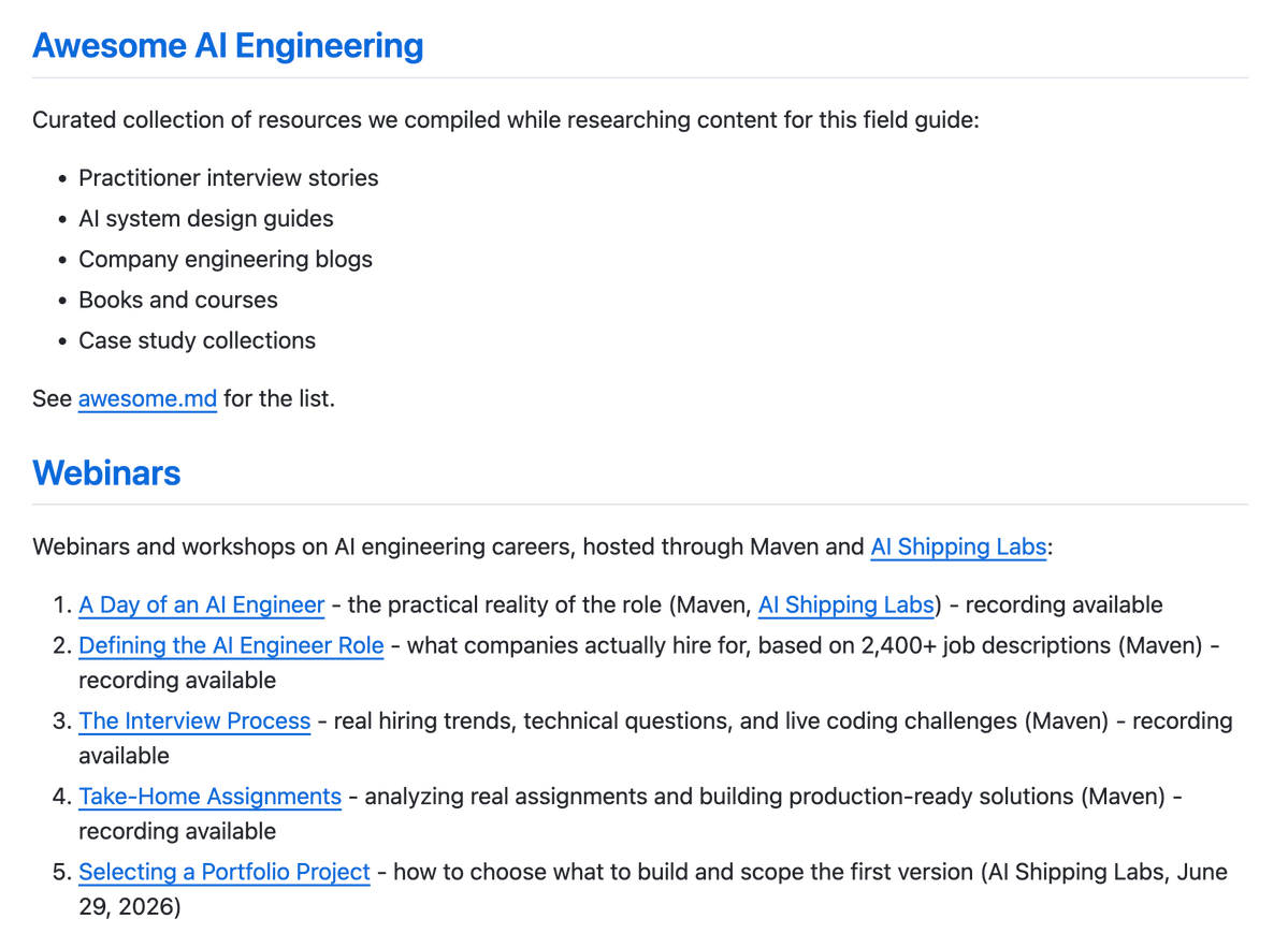 Al_Grigor's tweet photo. I updated the AI Engineering Field Guide.

It now includes 6,964 job descriptions analyzed over 8 months (January to August 2026), plus real interview experiences and stories from practitioners.

It covers:

- What AI engineer roles actually look like
- Skills that keep showing up in hiring
- Interview questions and patterns
- Learning paths + resources

It's a work in progress, and I'm adding more sections regularly.

If you have feedback (or want to contribute), I'd love your input.

Repo: https://t.co/ODw2M0g0Uj

Star it to get updates!