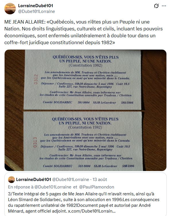 Dube101Lorraine's tweet photo. Entrevue avec @PaulPlamondon Un référendum en travers de la gorge. Mme @SGrammond , et un rapatriement unilatéral de la constitution en 1982 que le⚜️n'a jamais signé? Un référendum est une consultation démocratique où le Peuple est consulté @partiquebecois
https://t.co/mZum4a3aQb https://t.co/MC6TO6G3gr