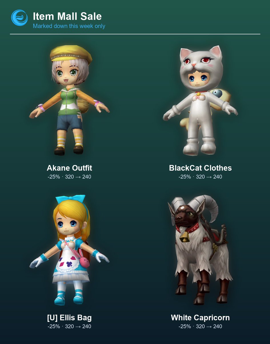 LegendOfEddaPS's tweet photo. Item Mall sale this week: Akane Outfit 25% off, BlackCat Clothes 25% off and [U] Ellis Bag 25% off and 1 more. https://t.co/eXTZuDyfsw

#indiegame #legendofedda #mmorpg #ragnarokonline #treeofsavior https://t.co/dgLqu54rGl