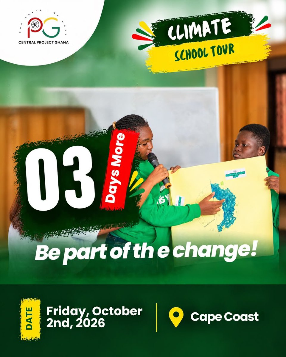 project_ghana1's tweet photo. 3 DAYS TO GO!⏳️⏳️🎉💚
​Just 03 Days More.
We are touching down right here in Cape Coast to empower the next generation of environmental leaders.
Bring your energy and get ready to "Be part of the change!"
#ClimateAction #CentralProjectGhana #CapeCoast #Sustainability #Youth https://t.co/Wj5xpWpViJ